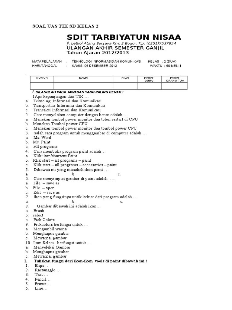 Doc Latihan Soal Soal Mata Pelajaran Tik Sd Mi Kelas 1 Lydia Vp Academia Edu Soal Uts Tik Kelas 7 Semester 2 Hardware.