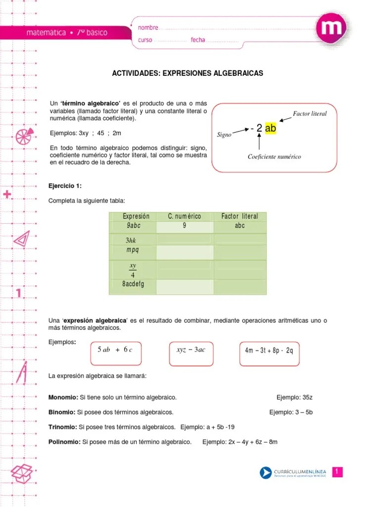8º Expresiones Algebraica PDF | PDF | Álgebra Abstracta | Análisis ...