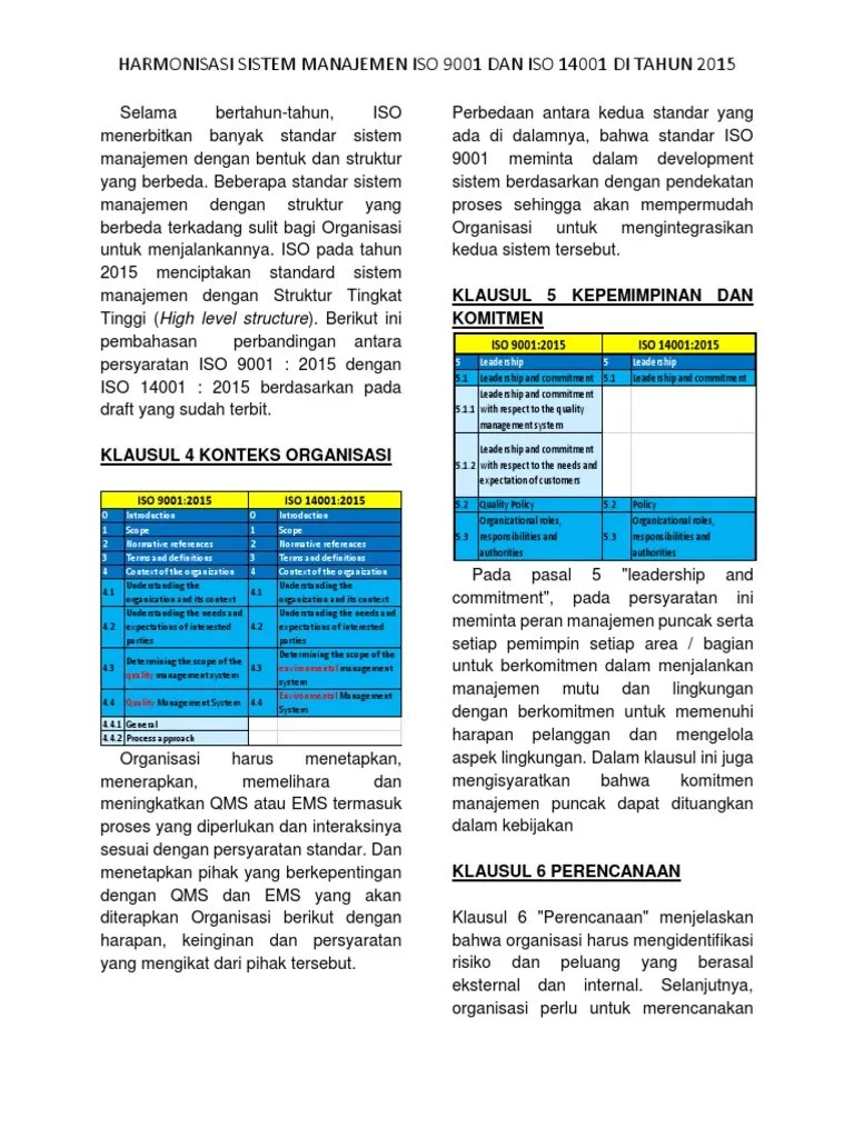 Dalam konteks operasi bisnis yang lebih kecil, tujuan yang. Iso Harmonisasi Sistem Manajemen Iso 9001 Dan Iso 14001 2015 Pdf