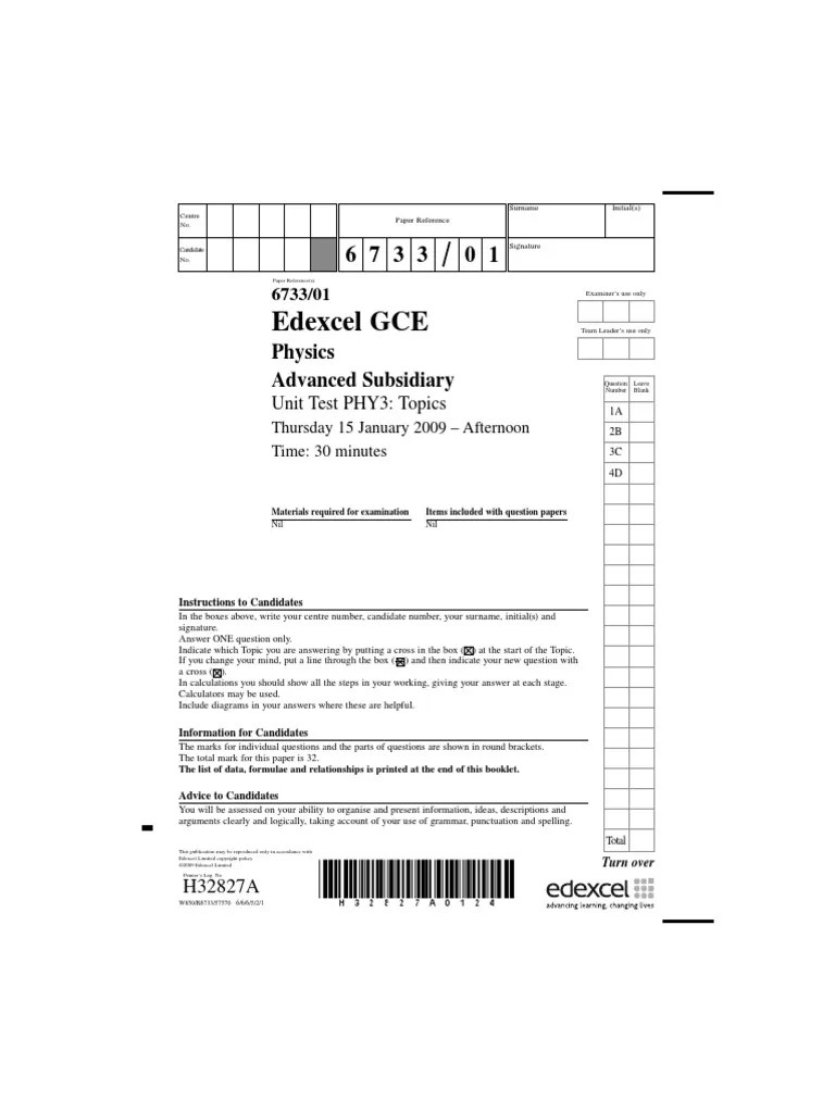EdExcel A Level Physics Unit 3 Paper 1 Jan 2009 | PDF | Deformation ...