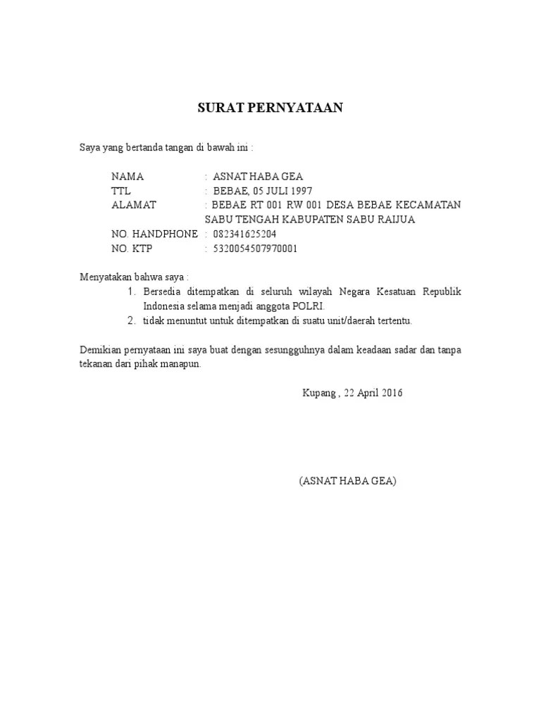 Contoh Lengkap Surat Pernyataan Bersedia Ditempatkan Di Mana Saja Docx 