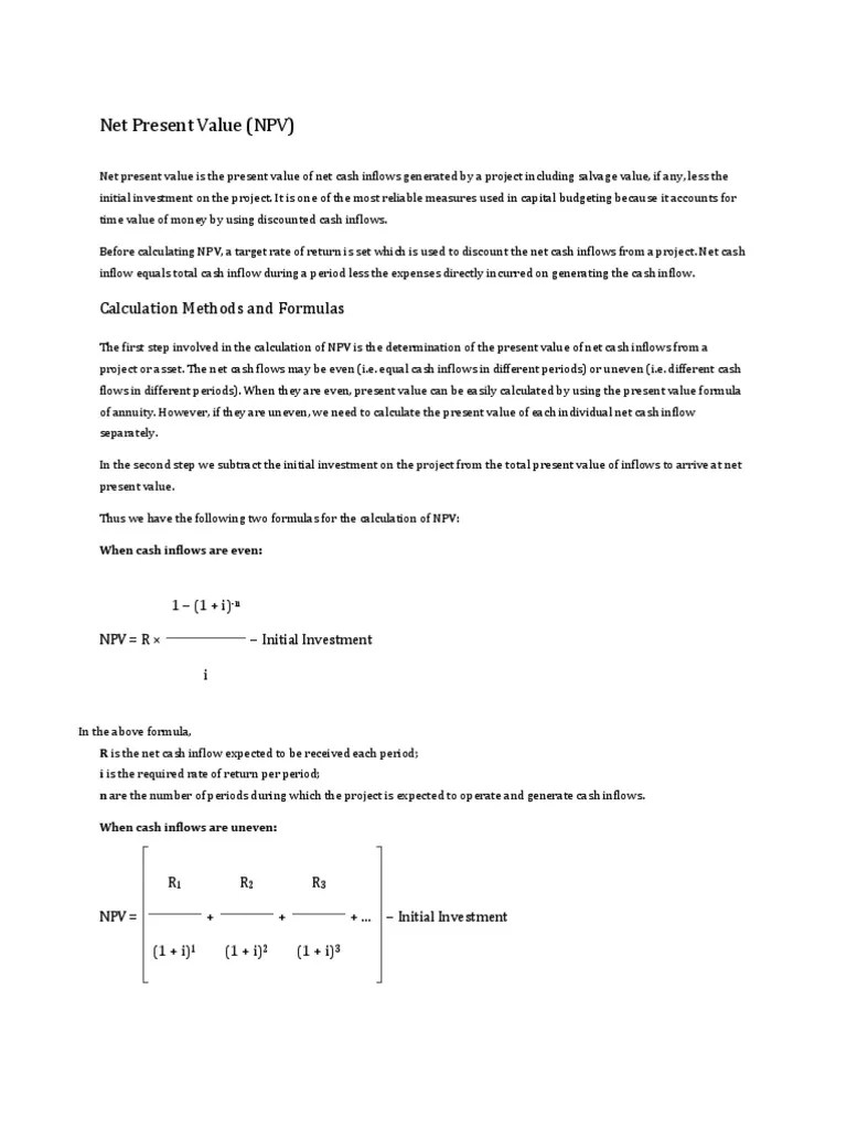 Net Present Value (NPV) : Calculation Methods And Formulas | PDF | Net ...