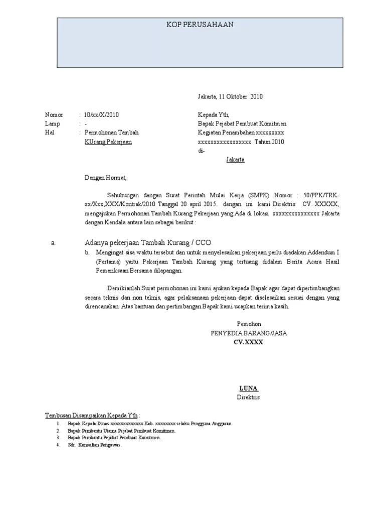 Surat Permohonan Pekerjaan Tambah Kurang | PDF