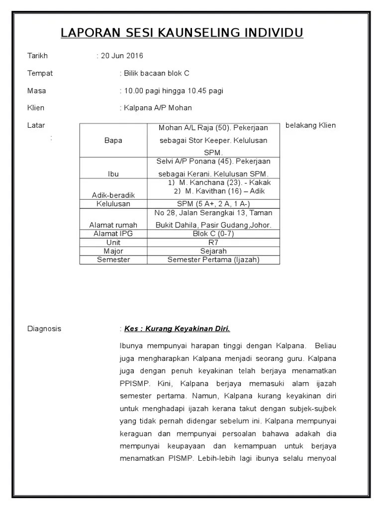 Laporan sesi kaunseling individu no. Laporan Sesi Kaunseling Individu Pdf