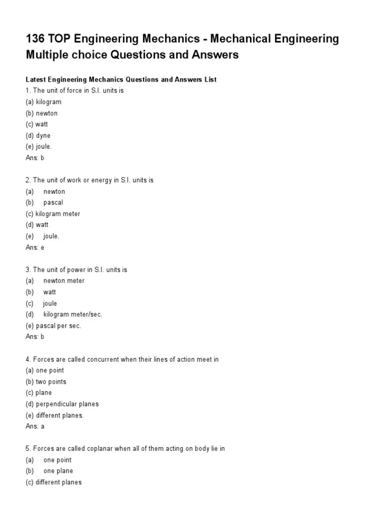 136 TOP Engineering Mechanics - Mechanical Engineering Multiple Choice ...
