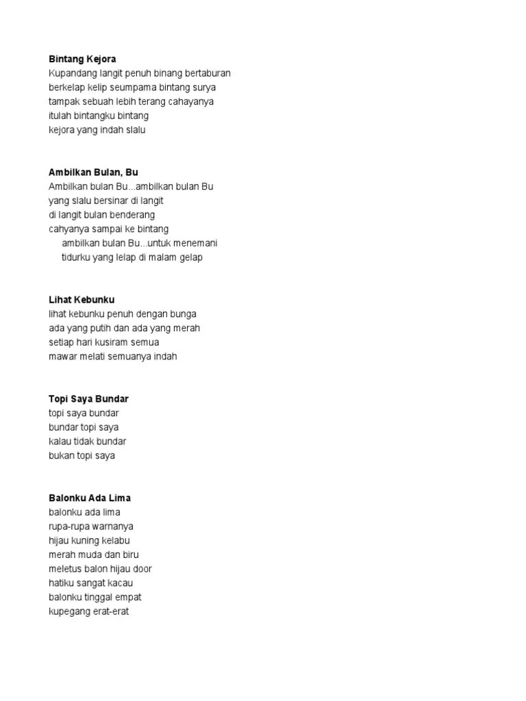 Contoh piano dari lagu bintang kejora by hwihana in taxonomy_v4 > sheet music. Kumpulan Lirik Lagu Paud Pdf