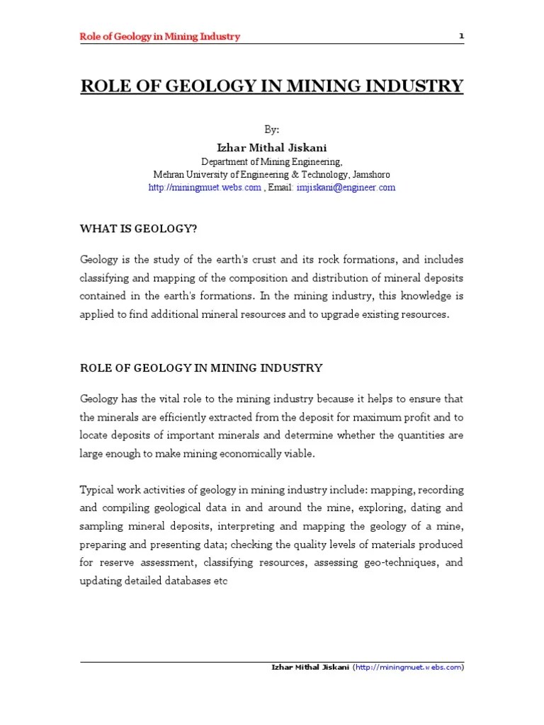 Role Of Geology In Mining Industry | PDF | Mining | Geology