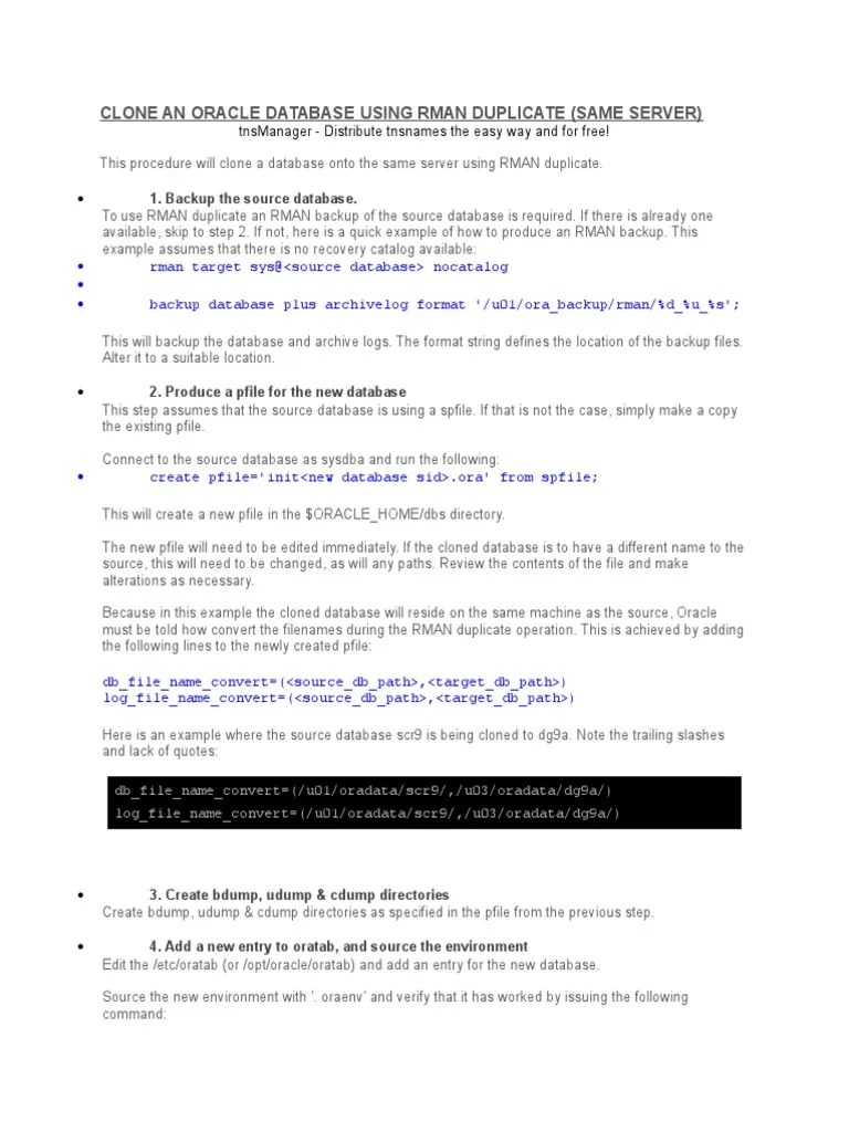Clone An Oracle Database Using Rman Duplicate | PDF | Backup | Oracle ...