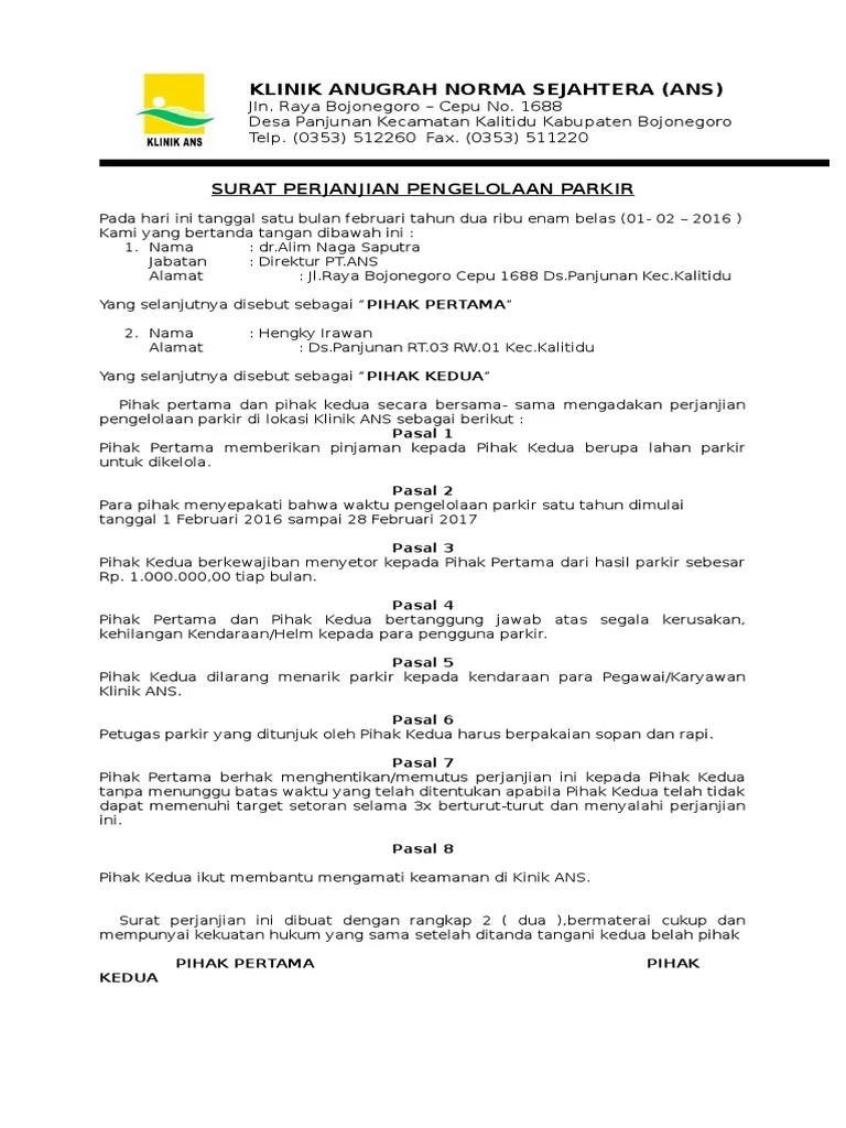 Contoh Surat Perjanjian Sewa Menyewa Lahan Parkir Contoh Surat 