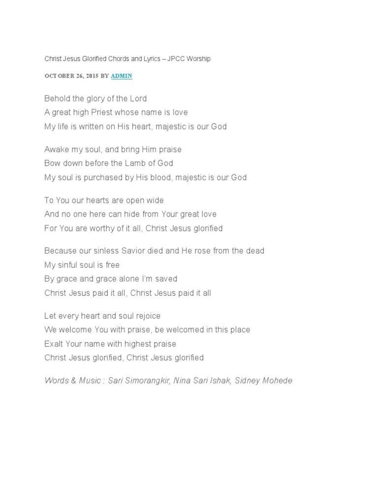 Christ Jesus Glorified Chords And Lyrics - JPCC Worship: Words & Music ...