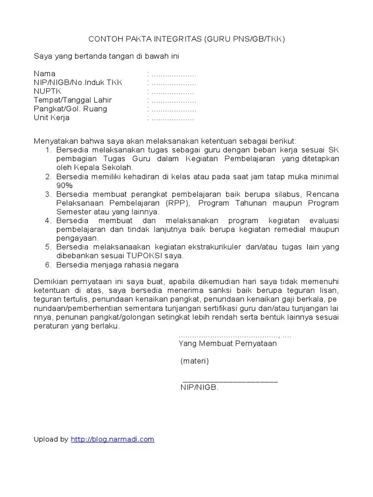Saya yang bertanda tangan di bawah ini : Contoh Surat Pakta Integritas Guru Pdf