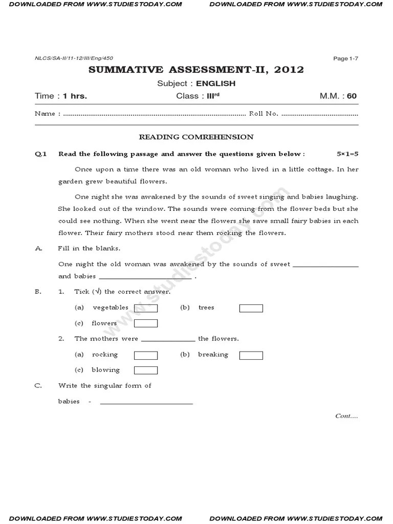 CBSE Class 3 English Question Paper SA 2 2012 (1) | Linguistic Morphology | Linguistic Typology