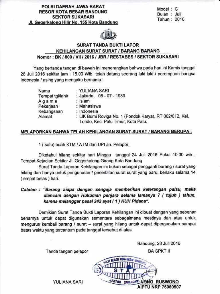 Contoh Surat Tanda Bukti Lapor Kehilangan Surat/Barang Dari Kepolisian | PDF