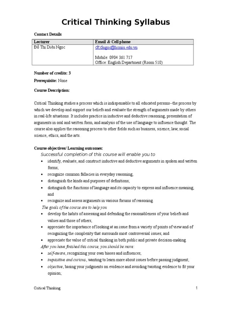 Critical Thinking Syllabus | PDF | Argument | Inductive Reasoning