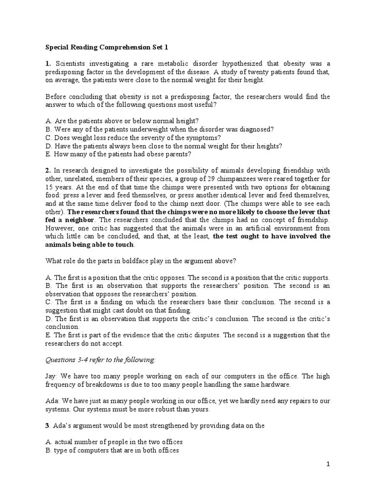 Special Reading Comprehension Set 1 | PDF | Taste | Chimpanzee