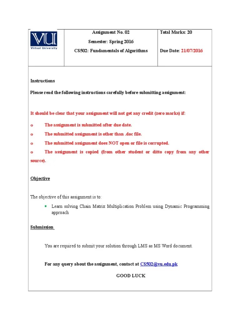Assignment No 2 Cs 502 Solution | PDF | Dynamic Programming | Matrix ...