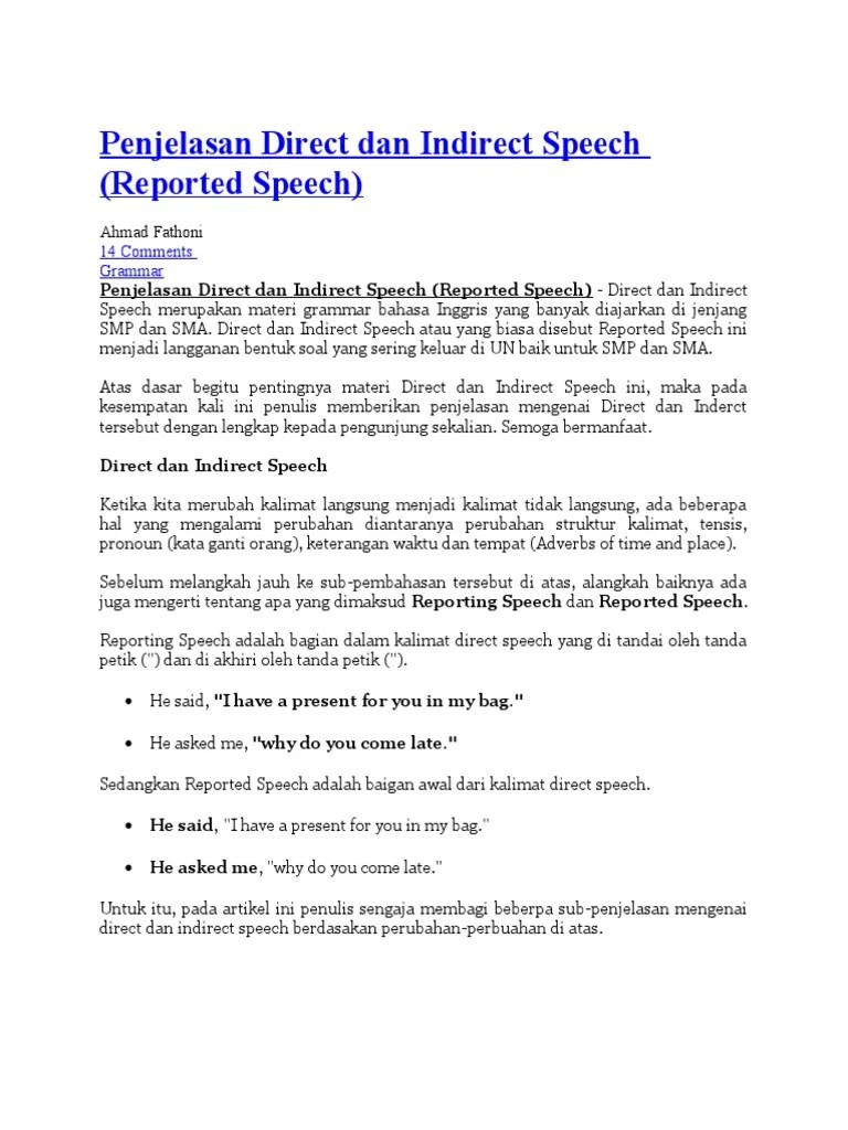 Demikianlah beberapa contoh soal reported speech essay beserta jawabannya yang dapat kami hadirkan pada kesempatan kali ini. Penjelasan Direct Dan Indirect Speech Pdf Tense Tata Bahasa Semantik