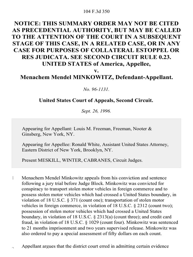 United States V. Menachem Mendel Minkowitz, 104 F.3d 350, 2d Cir. (1996) | PDF | Relevance (Law ...