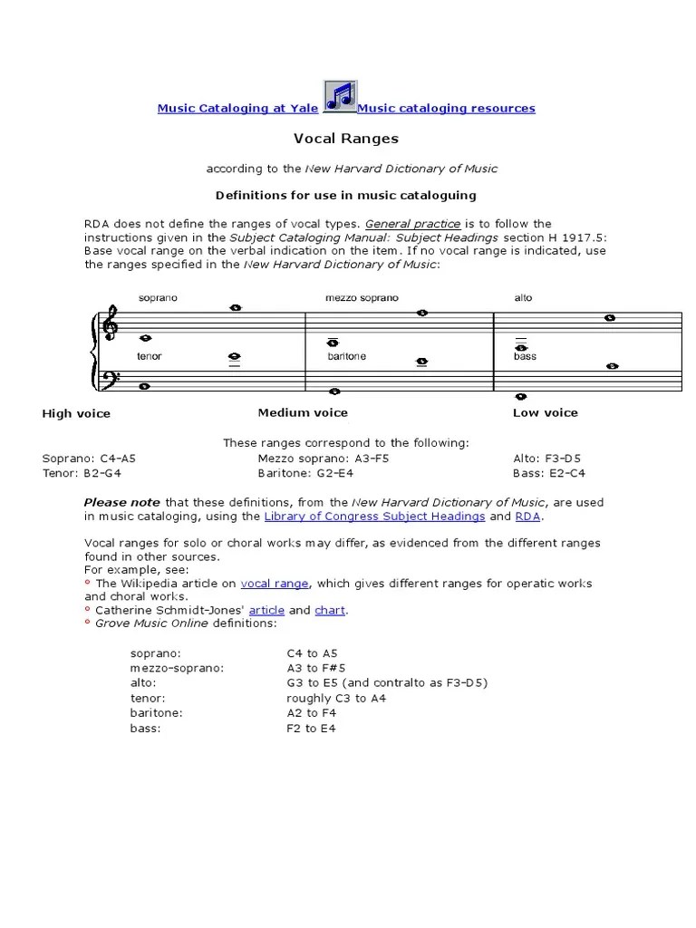 Music Cataloging At Yale Vocal Ranges | PDF
