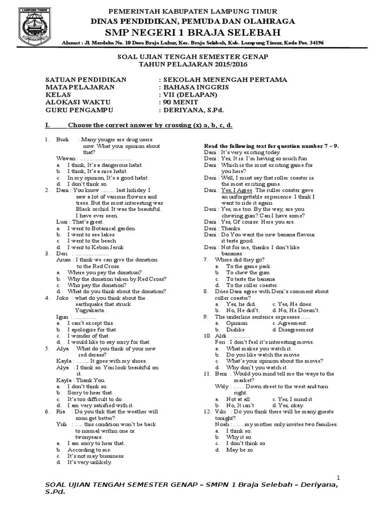 Check spelling or type a new query. Doc Soal Uts Bahasa Inggris Smp Kelas 8 Semester Genap Ta