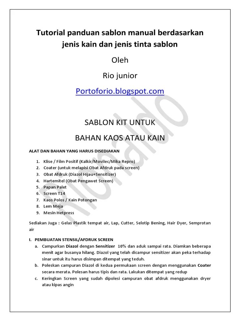 Panduan Tutorial Sablon Berdasarkan Jenis Kain Dan Jenis Tinta By Rionaldo | PDF