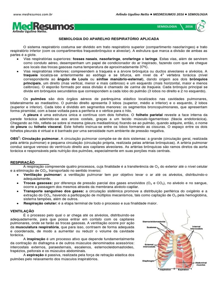 Medresumos - Semiologia Do AP Respiratório | PDF | Tosse | Sistema Circulatório