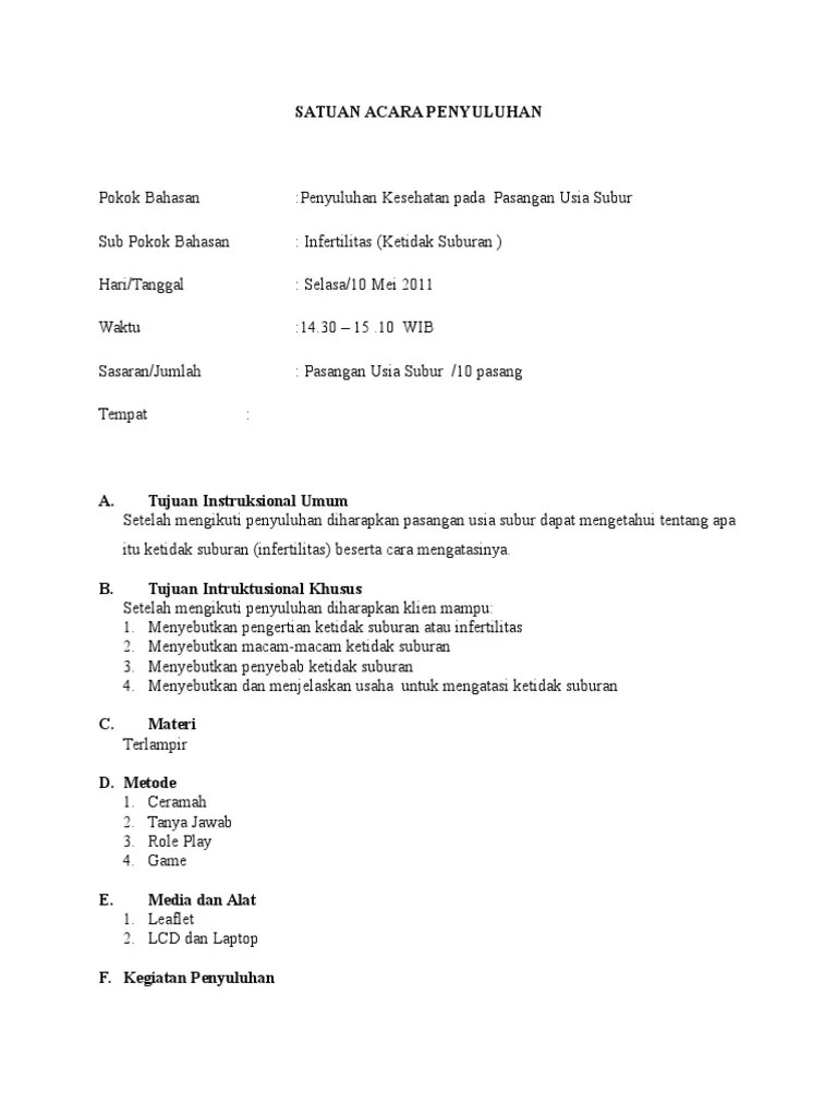 SATUAN ACARA PENYULUHAN Penyuluhan Kesehatan Pada Pasangan Usia Subur | PDF