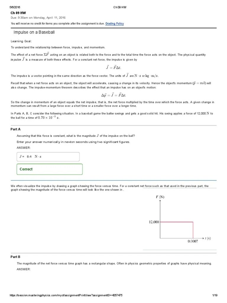 Mastering Physics CH 09 HW College Physics I LCCC | PDF | Momentum | Collision