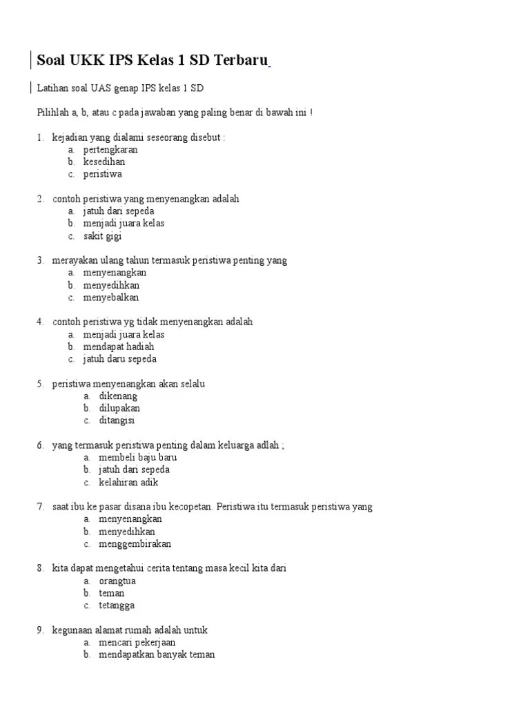 Soal Ukk Ips Kelas 1 Sd Terbaru 