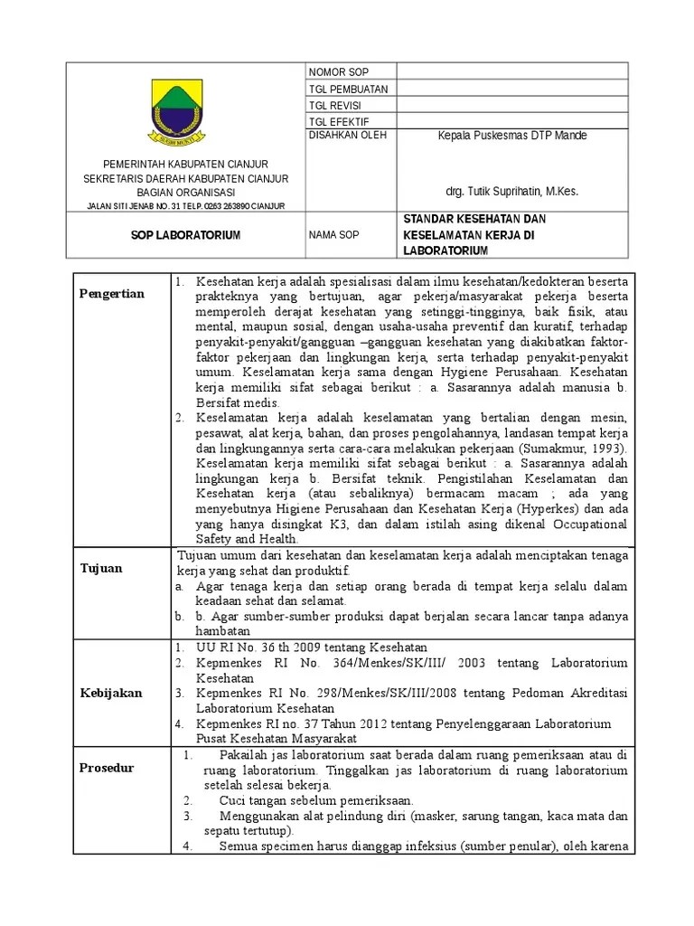 Dan kesehatan kerja manajemen keselamatan (promosi k3, k3 pelatihan, pengawasan, pemeriksaan dan. Sop Kesehatan Dan Keselamatan Kerja Di Laboratorium Pdf
