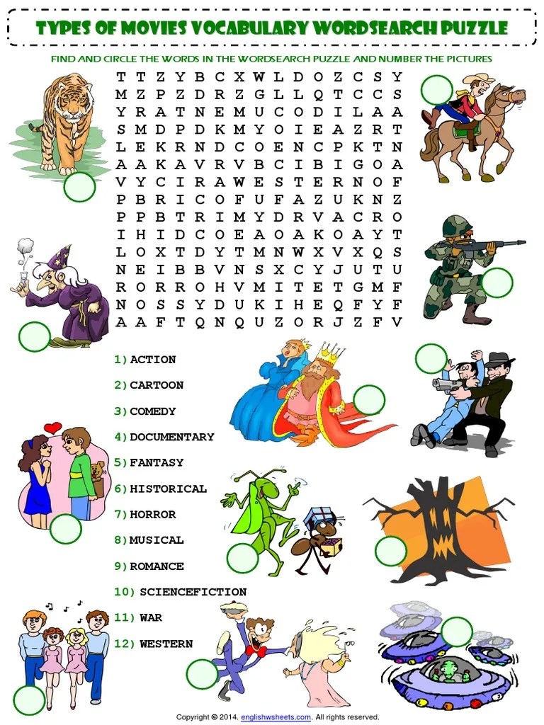types of movies films esl vocabulary wordsearch puzzle worksheet pdf