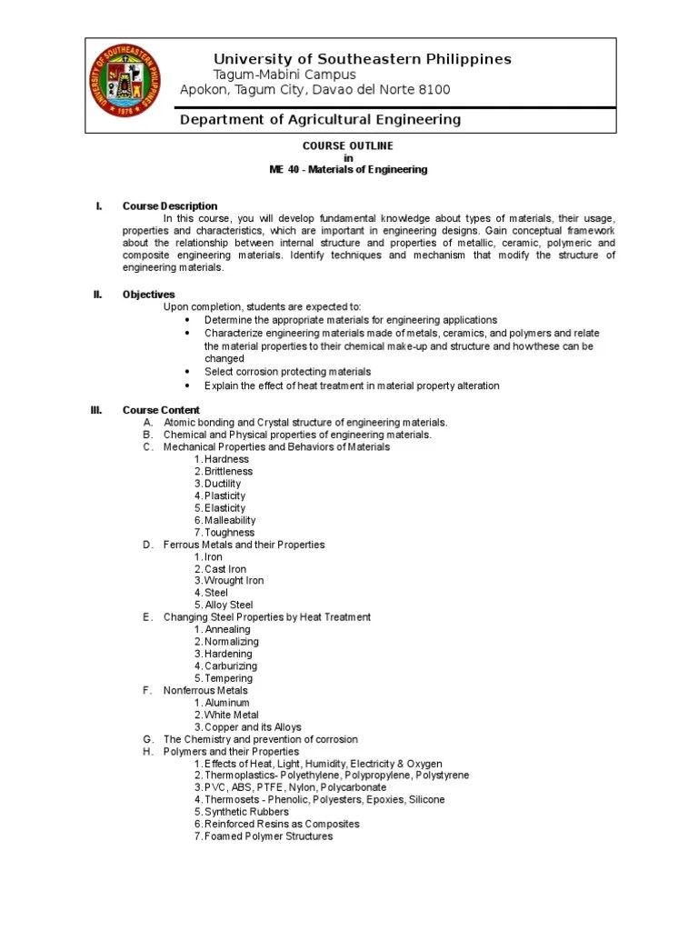 Course Outline Me 40 Materials Of Engineering Docx