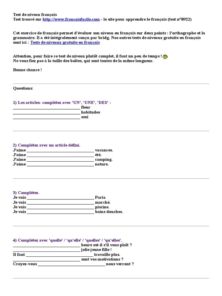 Test De Niveau Français.pdf | PDF | Sujet (Grammaire) | Nombre Grammatical