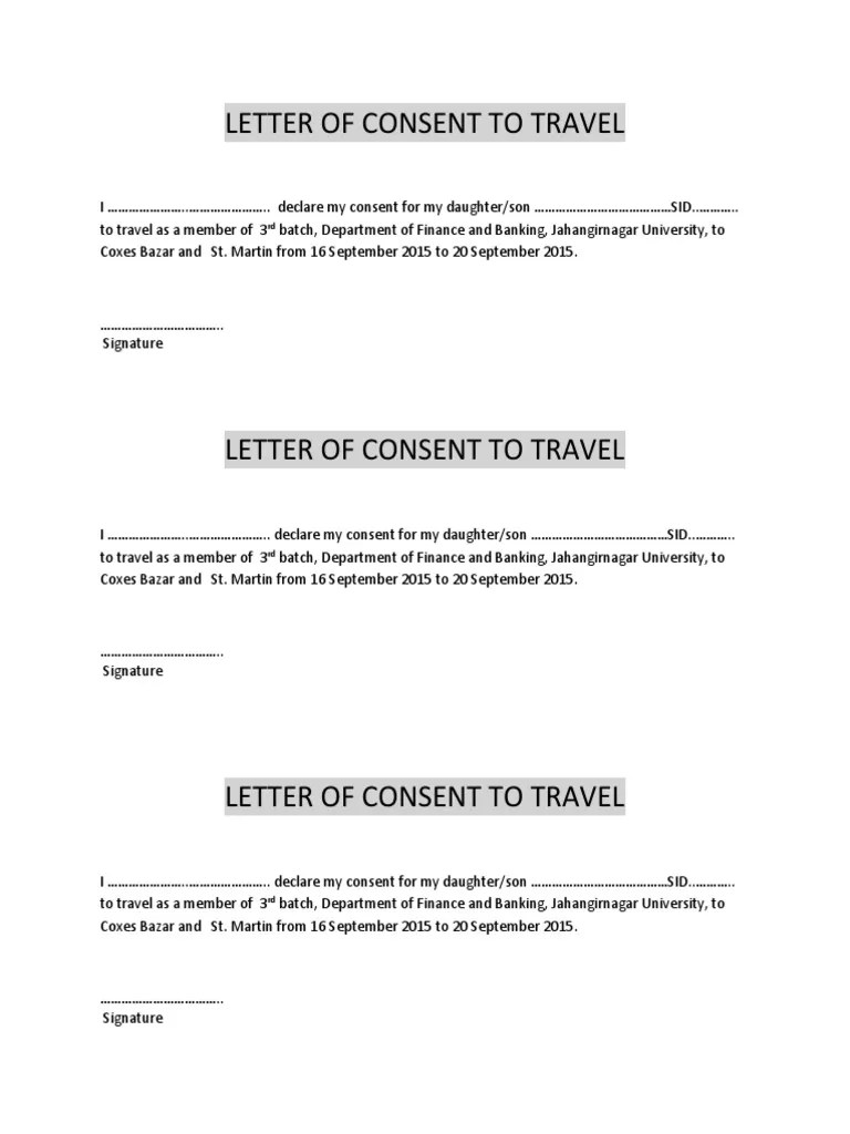 LETTER OF CONSENT TO TRAVEL