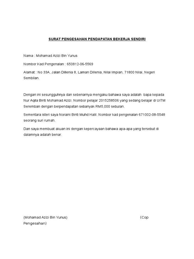 Surat akuan pengesahan pendapatan bekerja sendiri. Surat Pengesahan Pendapatan Bekerja Sendiri Pdf