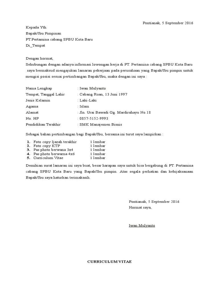Contoh surat lamaran kerja perusahaan (bumn)pt. Contoh Surat Lamaran Kerja Di Pertamina Spbu Contoh Surat Lamaran