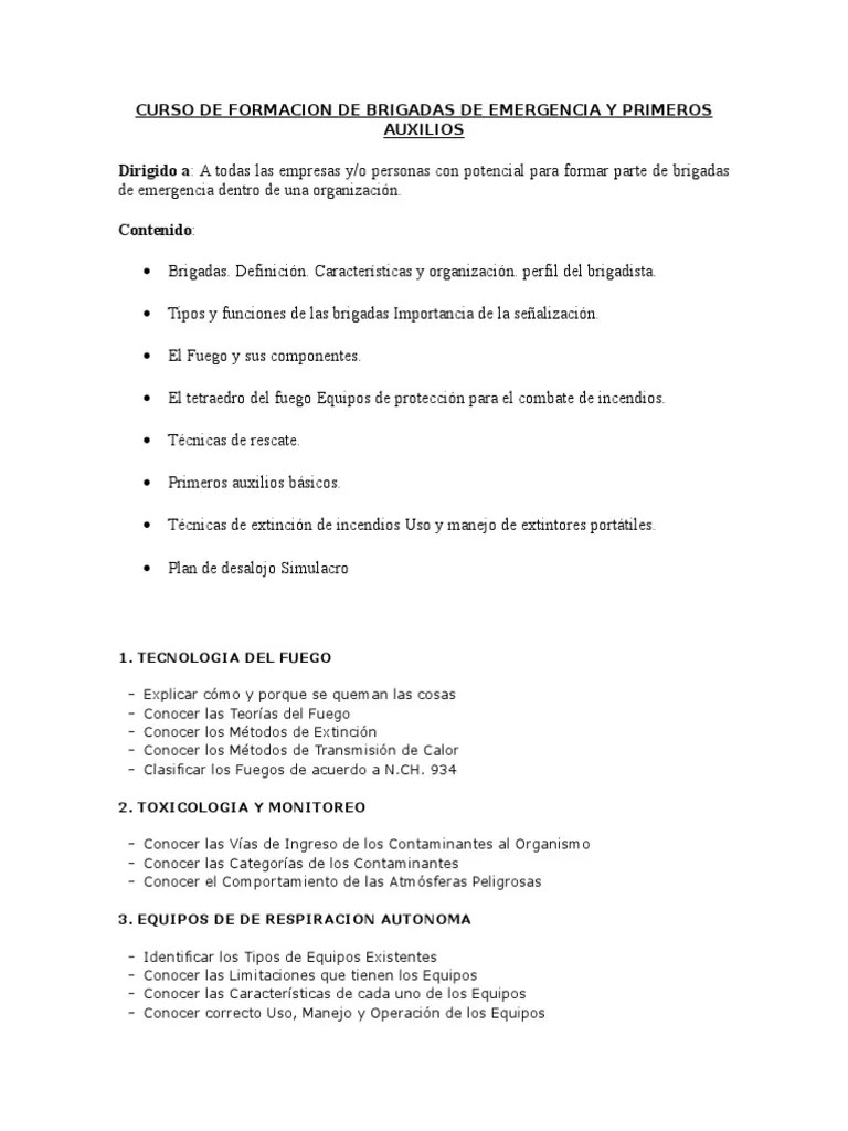 Curso De Formacion De Brigadas De Emergencia Y Primeros Auxilios | PDF | Tecnologia Educacional ...