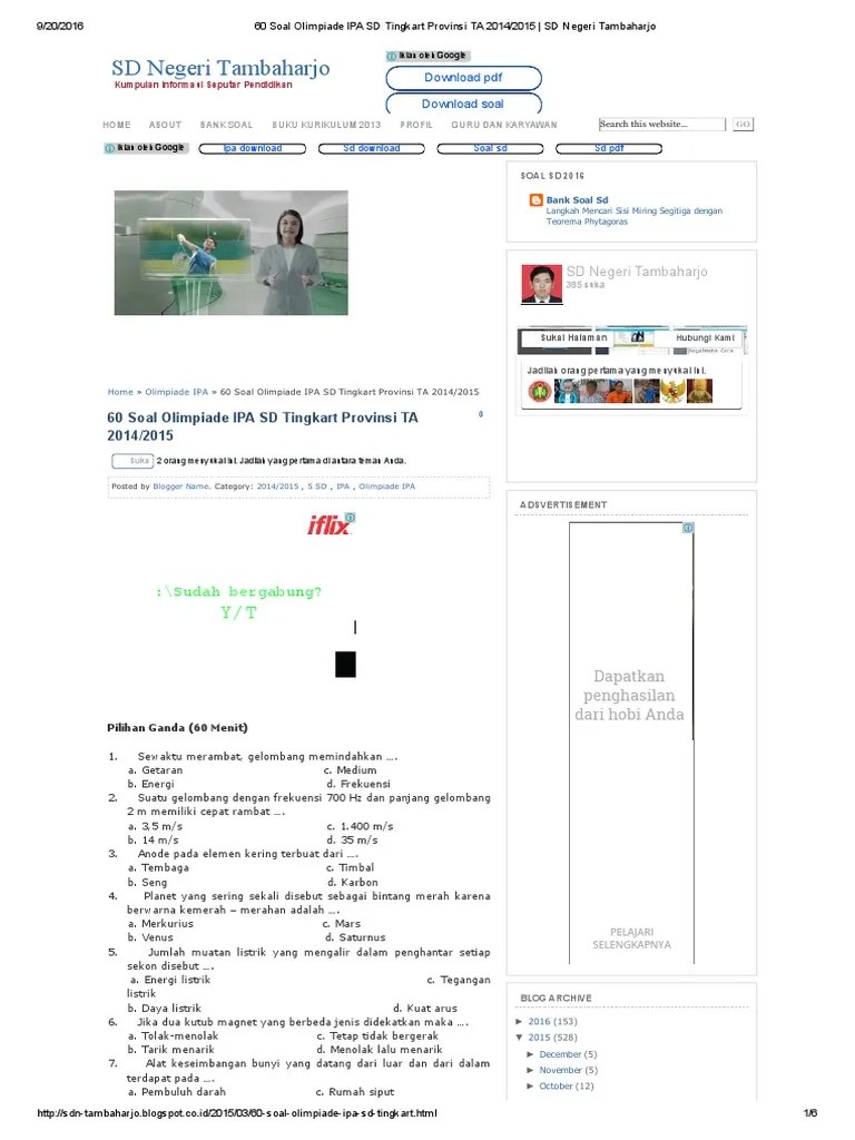 Soal olimpiade ipa sd kelas 5 pdf. 60 Soal Olimpiade Ipa Sd Tingkart Provinsi Ta 2014 2015 Sd Negeri Tambaharjo