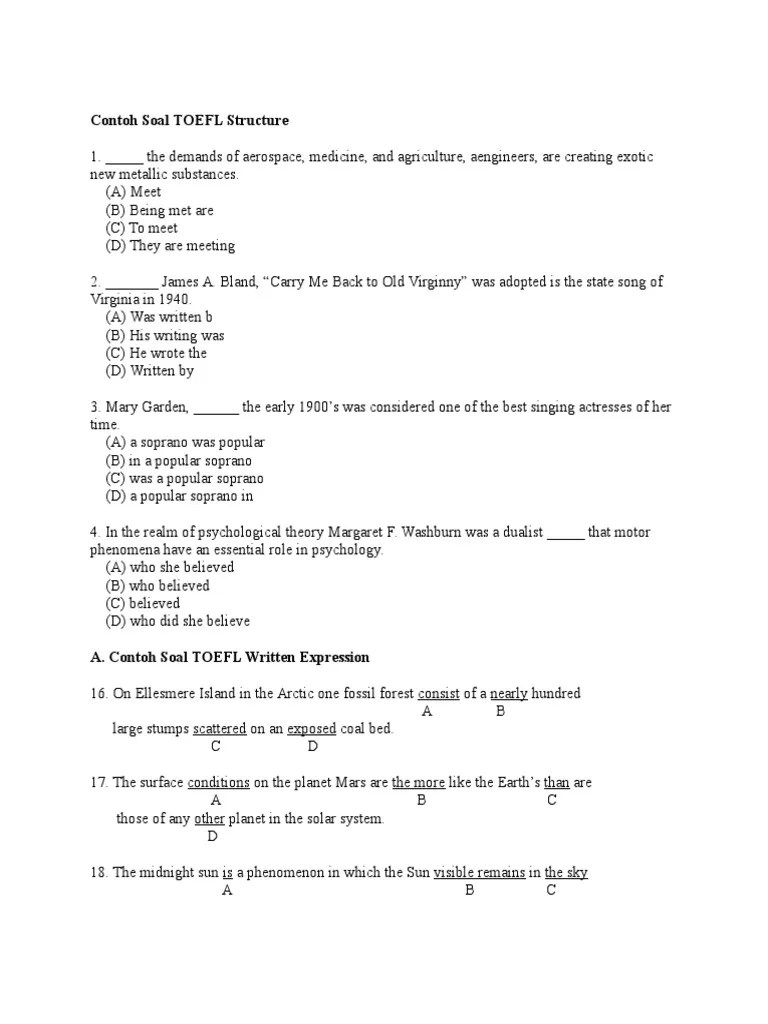 Soal Dan Jawaban Test Toefl Test Of English As A Foreign Language Soal dan Pembahasan TOEFL structure Exercise 2 Nomor 1 15-----.