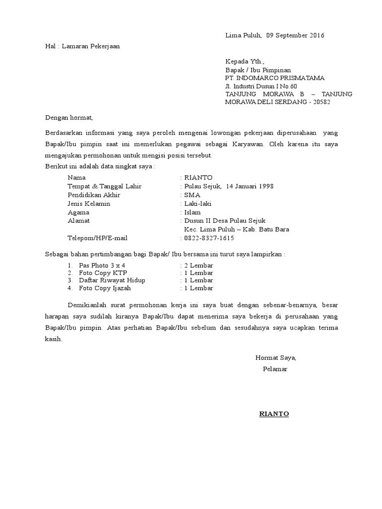 Pt Indomarco Prismatama Contoh Surat Lamaran Kerja Cute766