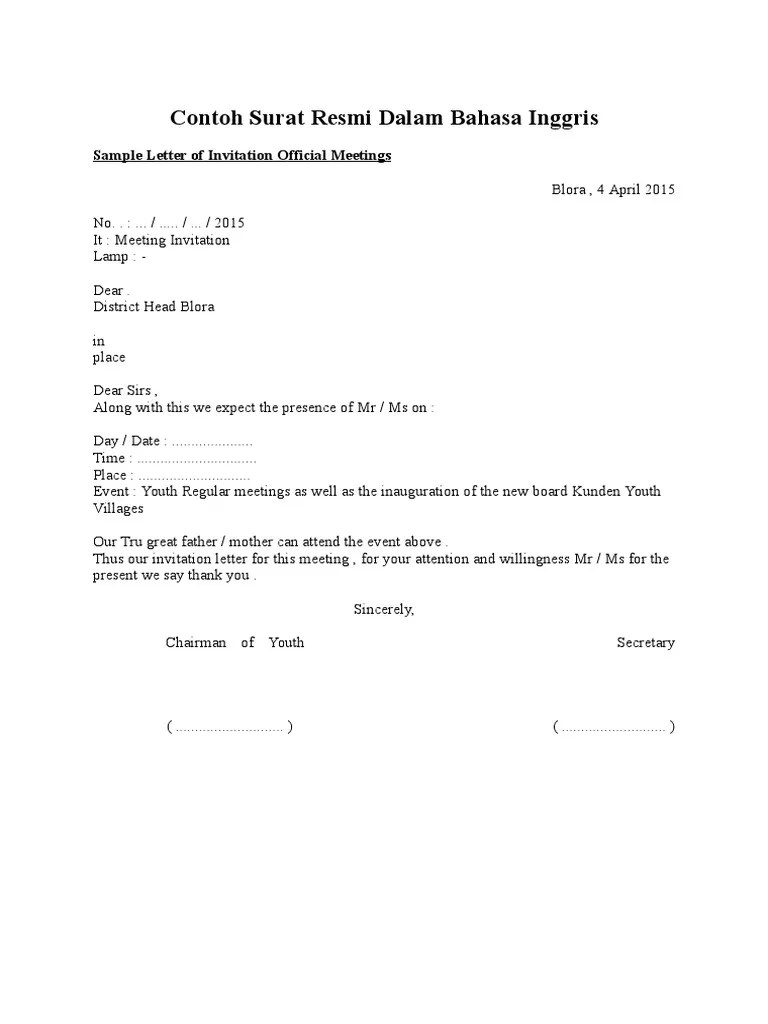 Contoh Surat Resmi Dalam Bahasa Inggris Docx