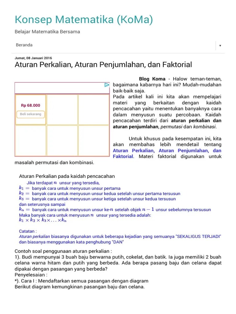 Konsep Matematika Koma Aturan Perkalian Aturan Penjumlahan Dan Faktorial Pdf