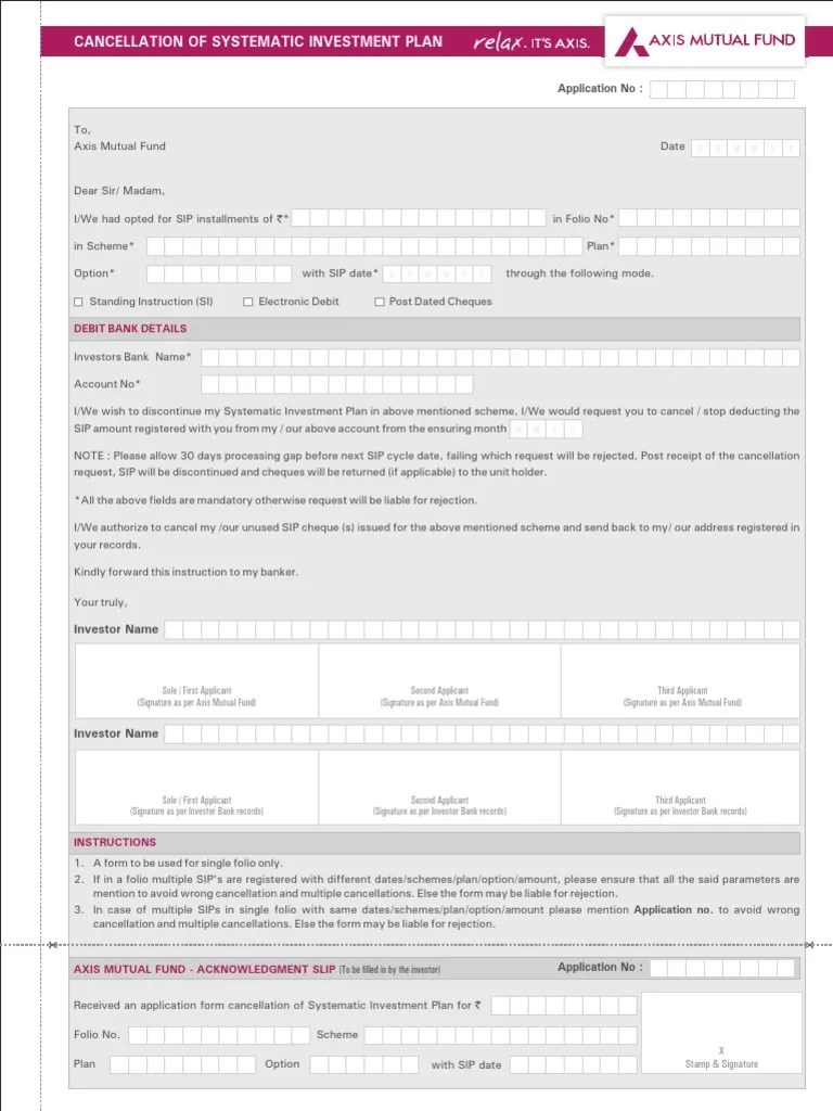 Axis Mutual Fund SIP Cancellation Form | PDF