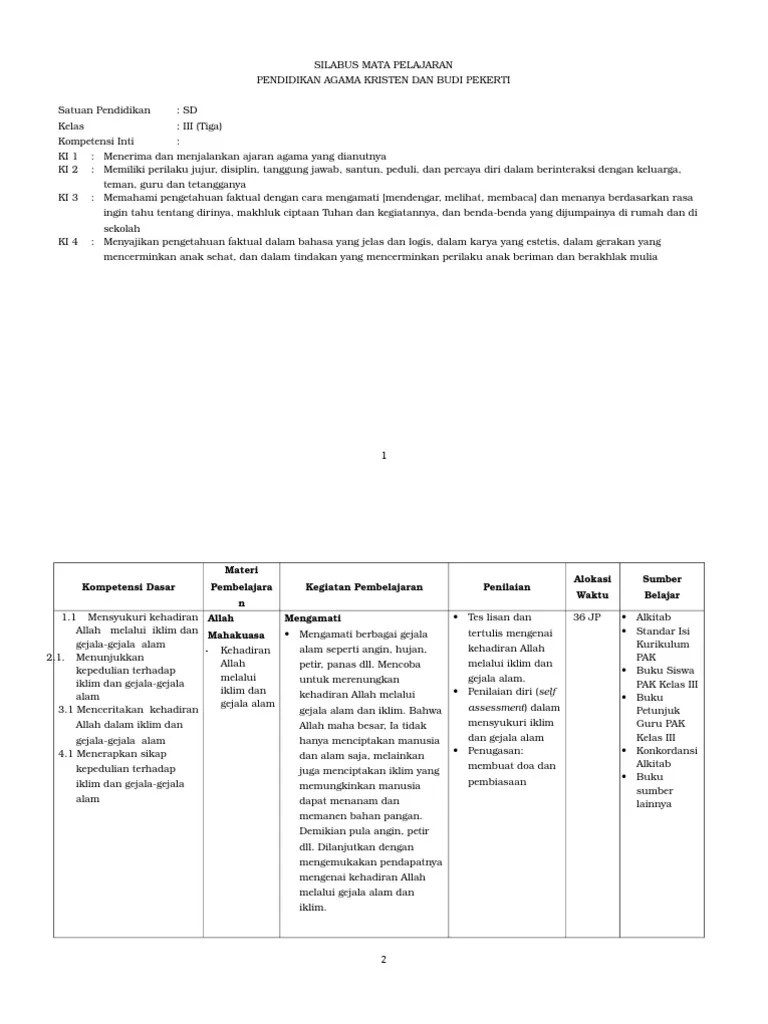 Silabus Kelas 1 Semester Dua : SILABUS Pendidikan Agama KRISTEN SD Kelas 3 Semester 1 dan ...