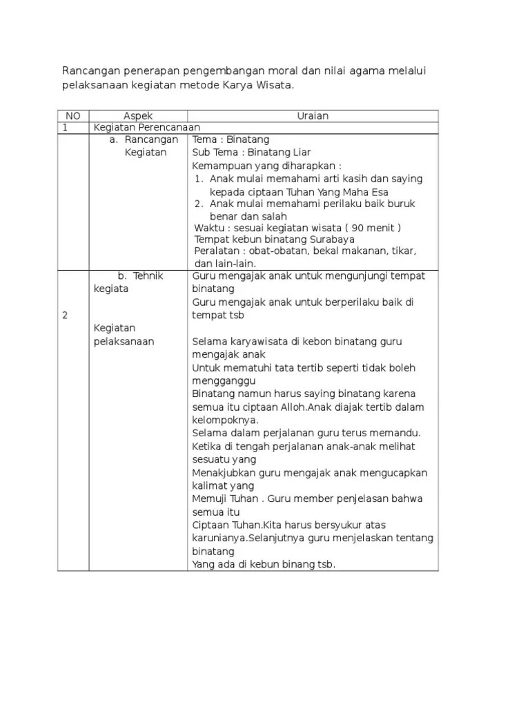 Obral buku pedoman guru paud tk k13 isi rpph rppm promes ki dan kd k13. Rancangan Penerapan Pengembangan Moral Dan Nilai Agama Melalui Pelaksanaan Kegiatan Metode Karya Wisata Pdf