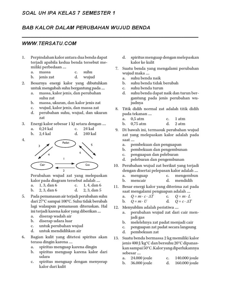 Latihan soal ipa kelas 7 smp mts kurikulum 2013 ini dibagikan untuk membantu belajar peserta didik kelas 7 smp/mts, khususnya pada mata pelajaran ipa. Soal Uh Ipa Kelas 7 Semester 1 Bab Kalor Dalam Perubahan Wujud Benda Pdf