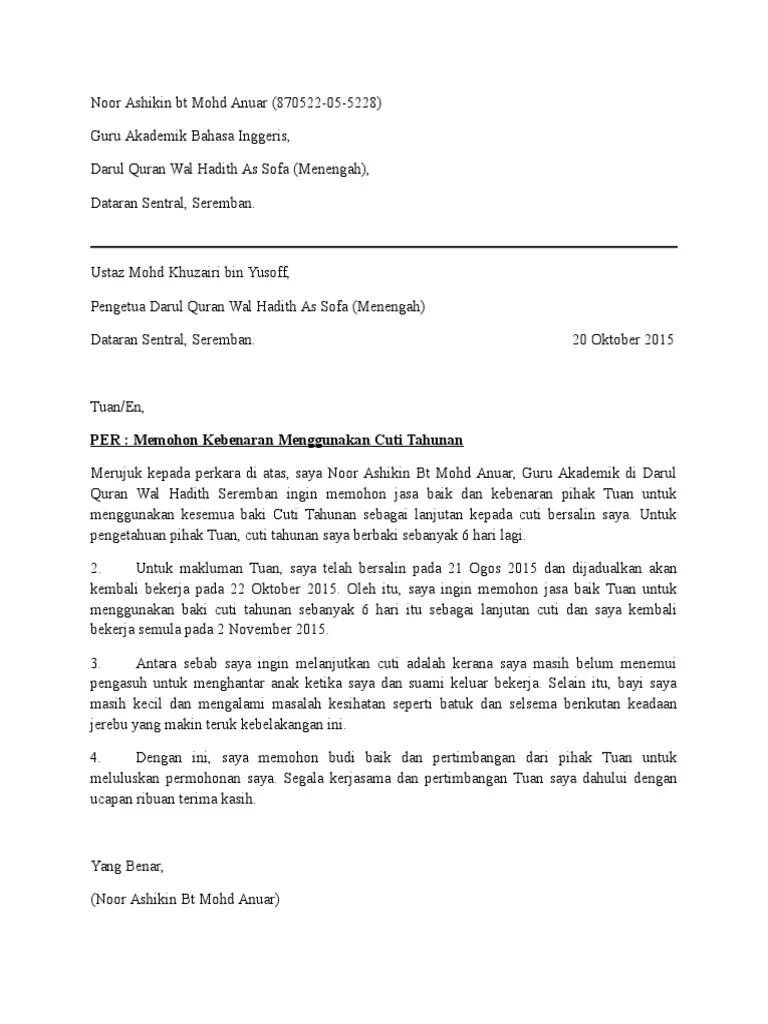 Contoh Surat Cuti Bersalin Awal - Doc Surat Ijin Cuti Bersalin Arkho Adidharma Academia Edu