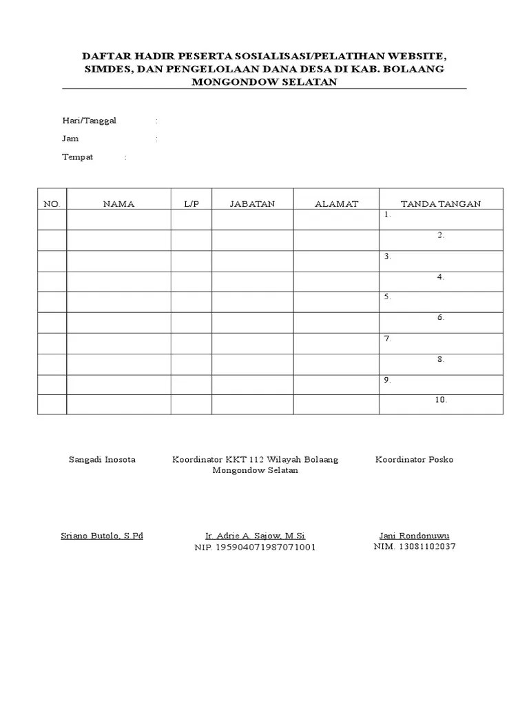 Daftar Hadir Peserta Sosialisasi | PDF