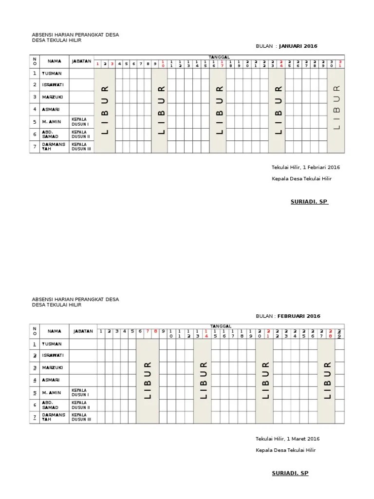 Merekap ijin pegawai dengan format laporan. Absensi Harian Perangkat Desa Pdf