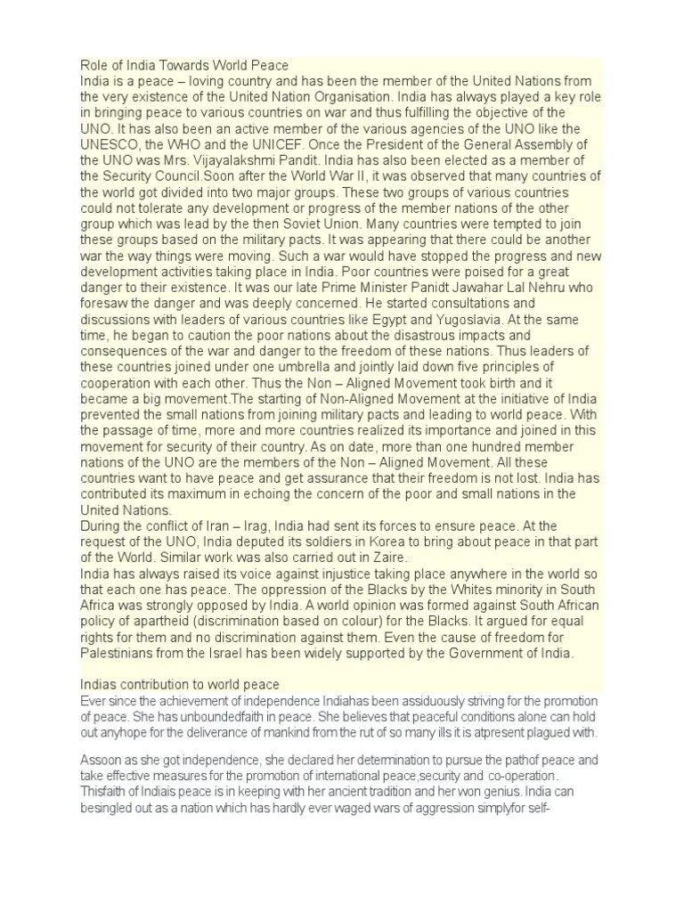 Role Of India Towards World Peace | PDF | Non Aligned Movement | United ...